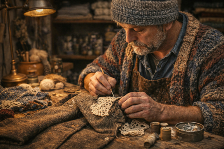 Drabužių taisymas rankų darbas vyras tvarko suplyšusį švarką vilkėdamas megztus rankų darbo drabužius