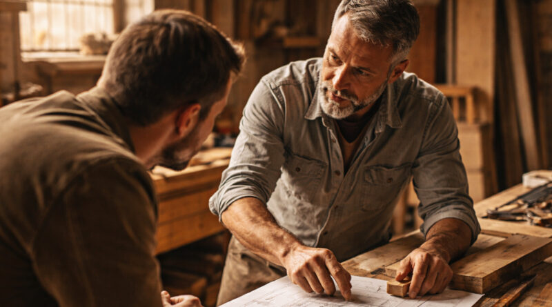 bendravimas su klientu meistras dirbtuvėse aiškina sprendimą klientui prie medinio stalo