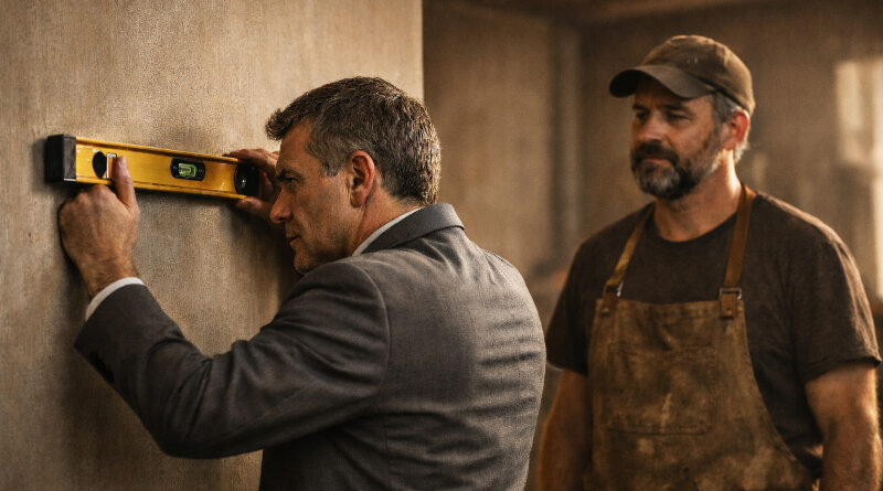 Blogi klientai ženklai kuriuos pamatome per vėlai – kostiumuotas užsakovas tikrina sienos tiesumą gulsčiuku, o meistras stebi, vaizdas atspindi sunkius ir netinkamus klientus darbo santykiuose.