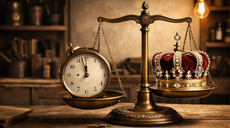 Darbo vertė kodėl valandinis tarifas žemina meistro darbą senovinės svarstyklės su laikrodžiu vienoje pusėje ir karališka karūna kitoje pusėje rusvų atspalvių senosios fotografijos stiliumi
