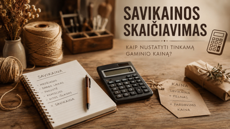 Savikainos skaičiavimas rankų darbo gaminiui – rusvų atspalvių darbo stalas su skaičiuotuvu, užrašų knygele ir supakuotu gaminiu.