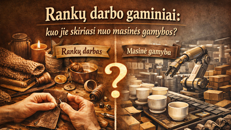 Rankų darbo gaminiai rankomis siuvamas odinis dirbinys priešais robotizuotą masinės gamybos liniją rusvų atspalvių kompozicijoje